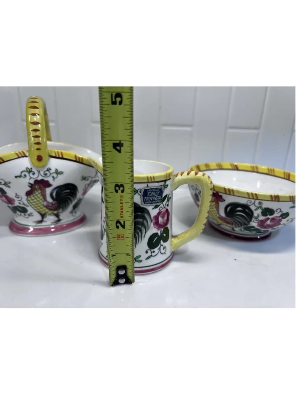 Vintage Ucagco Early Provincial Rooster And Roses Pitcher Basket & Bowl